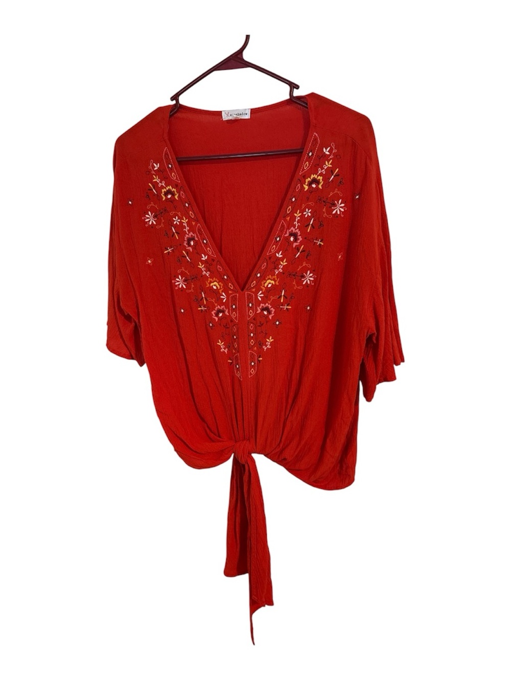 Eyeshadow Red Embroidered Tie-Front V-Neck Blouse